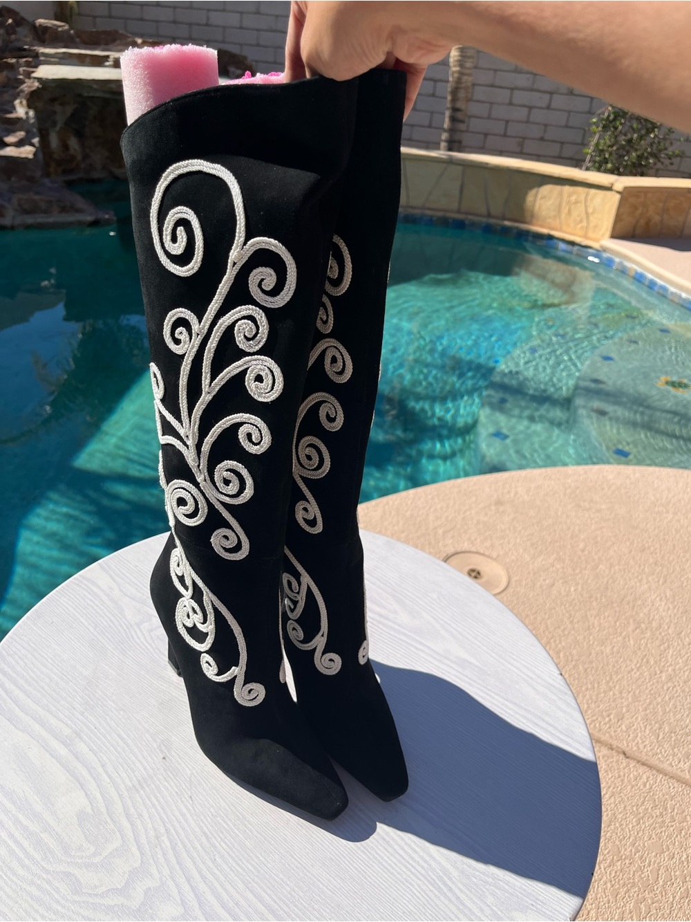Gianni Bini Black Over-the-Knee Boots with White Scroll Embroidery